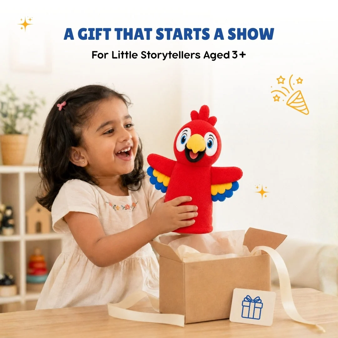 Girl opening the parrot puppet as a gift