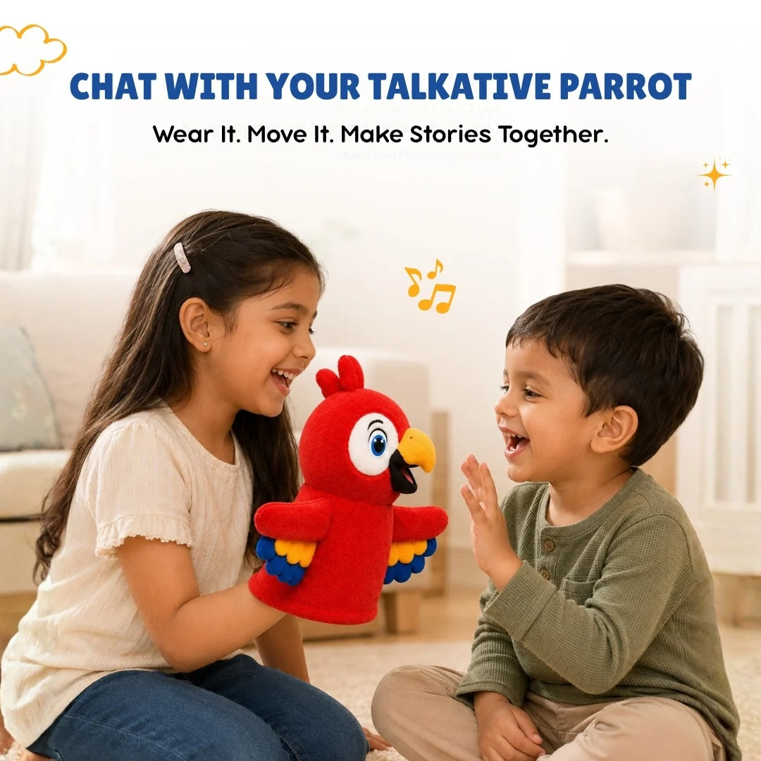 Two children playing with the parrot puppet