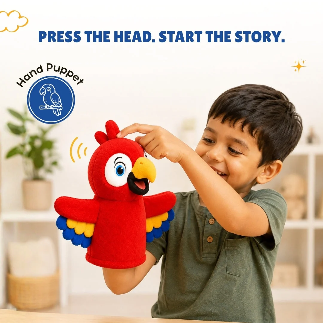 Boy pressing the parrot puppet head